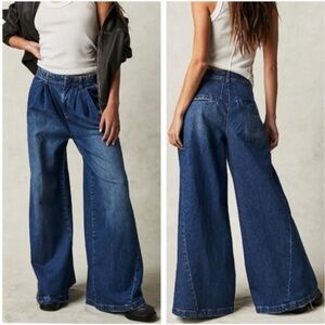 Free People Wide Leg Denim Pants in Dark Blue